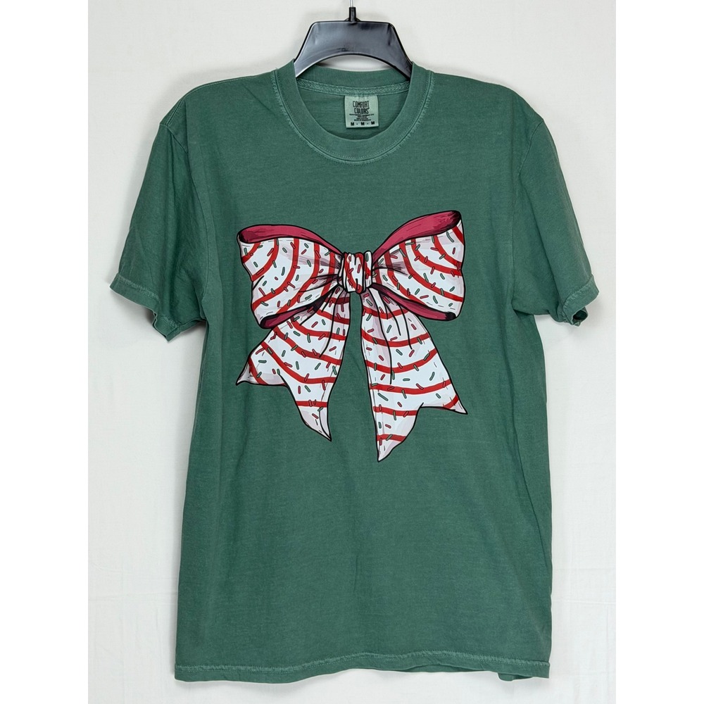 Comfort Colors Women 100% Cotton T-Shirt M Green Bow Graphic Heavyweight Tee